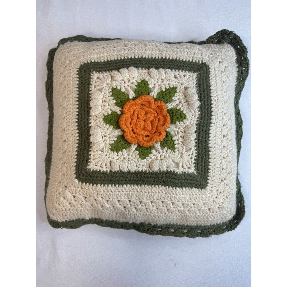 Vintage crocheted granny square pillow with 3D flower green orange cream 16x16"